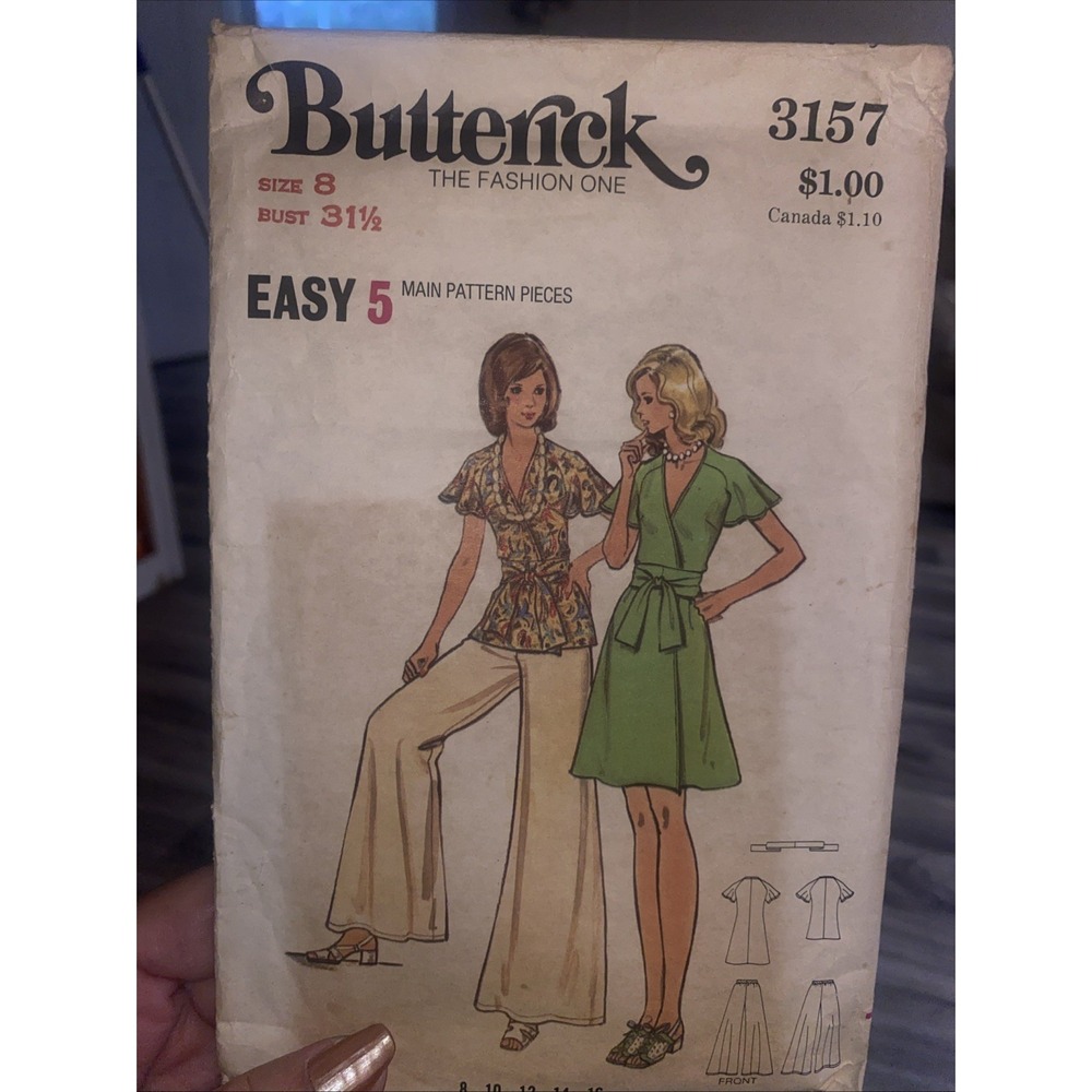 Butterick 3157 Vintage Sewing Pattern Dress Top Palazzo Pants Belt Size 8 Cut